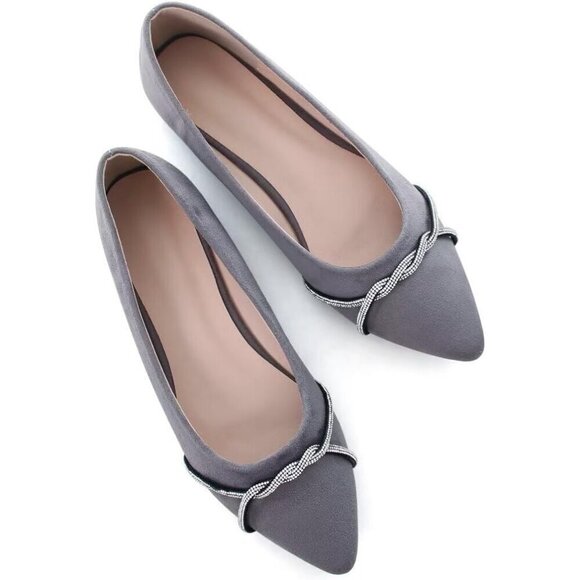 Shoes - Women's Grey Casual Flats Fashion Chain Pointed Toe Ballet Flat Rhinestone